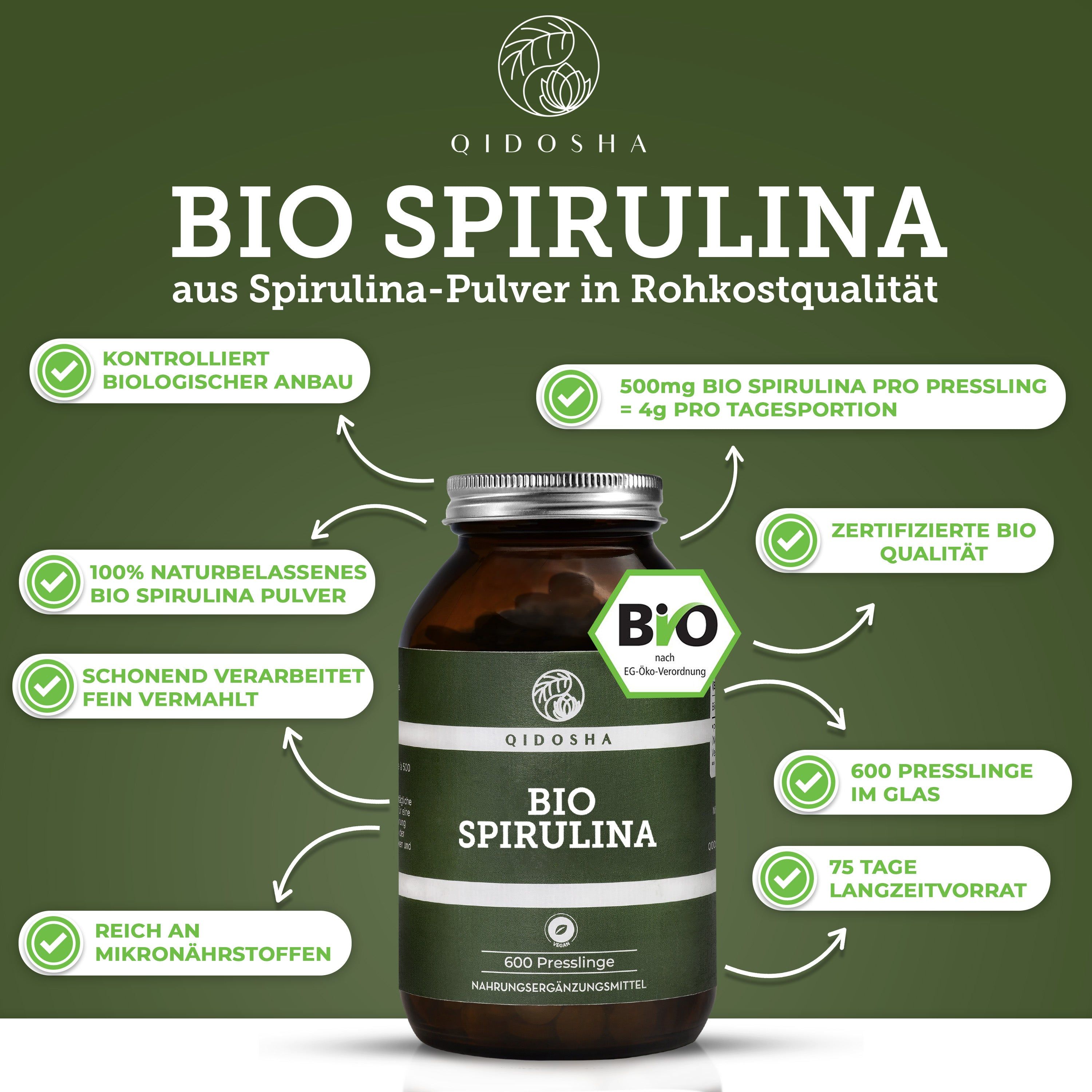 Qidosha Bio Spirulina: Braunglasflasche mit 600 Presslingen, Bio-Siegel und Nährwertangaben.