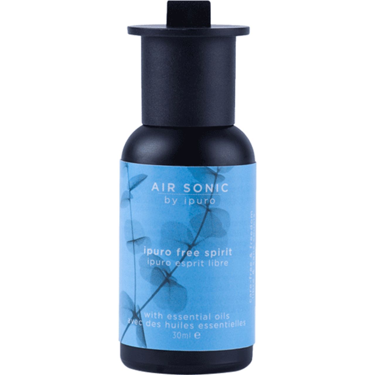 Schwarzer Diffusor mit blauem Etikett. Aufschrift: Air Sonic by ipuro, free spirit. Pflanzenmotiv. 30ml.