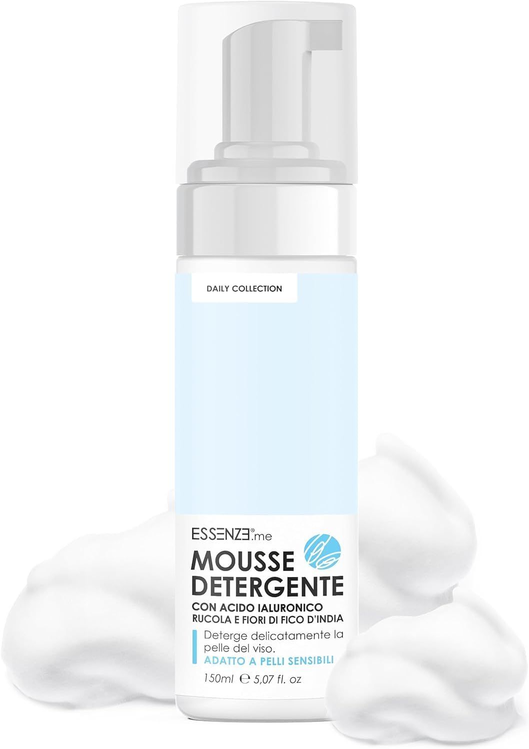 Essenze.me Mousse Detergente Viso Schiuma Delicata con Acido Ialuronico Rucola e Fico d’India 150ml