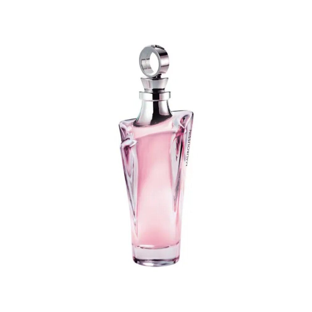 Rosa Pour Elle Eau de Parfum Spray Flakon. Rosa Flakon mit silbernem Verschluss. Mauboussin-Schriftzug.