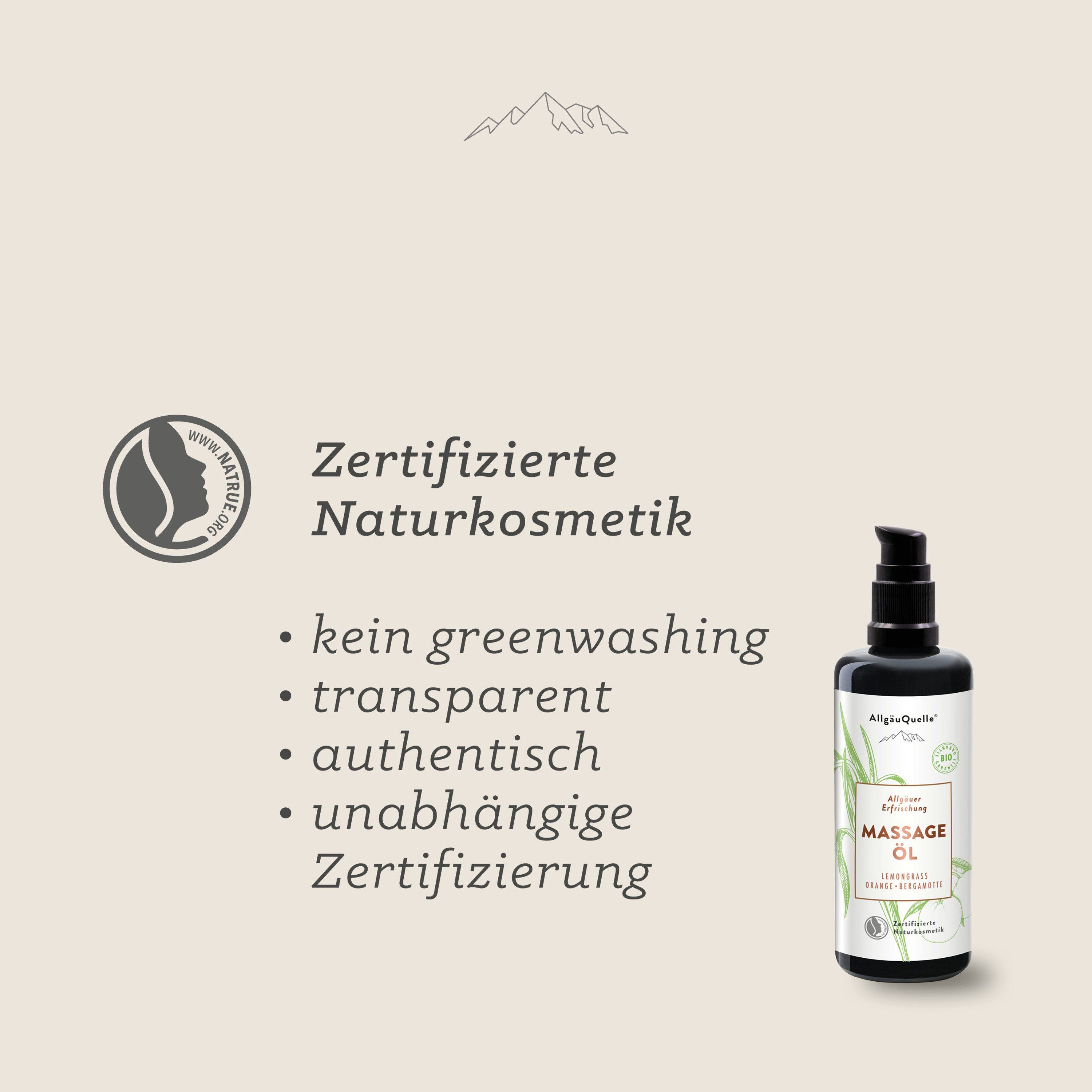 AllgäuQuelle BIO Massageöl 100% naturreine ätherische Ölen aus Lemongrass, Orange, Bergamotte, vegan 100 ml