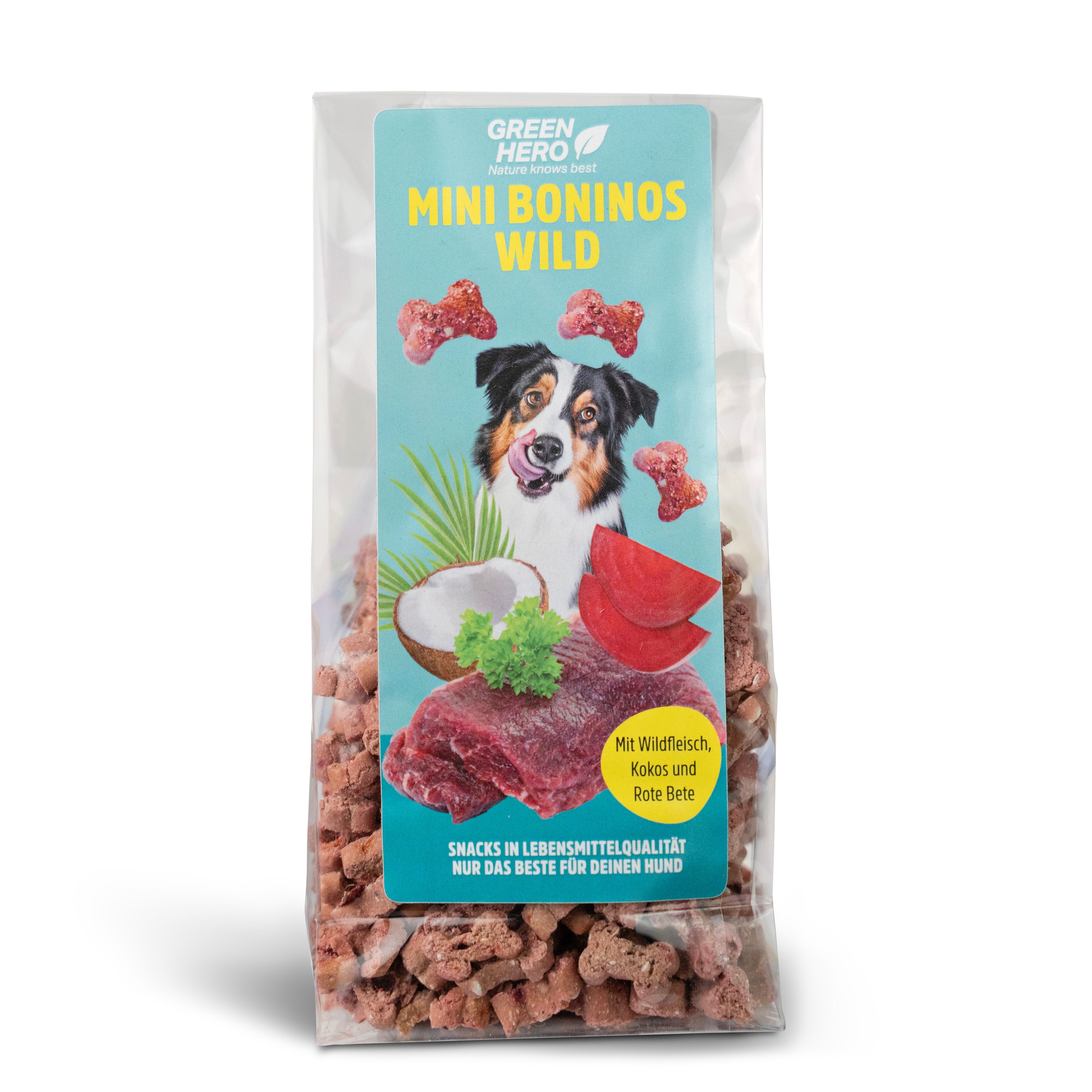 Transparente Tüte mit Hundesnacks. Aufkleber mit Produktname, Hund, Kokosnuss, Fleisch und Rote Bete. Text: Snacks in Lebensmittelqualität.