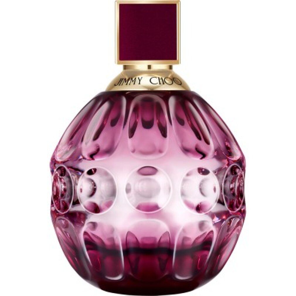 Runder Flakon Jimmy Choo Fever. Rosa Glas, goldener Verschluss, rechteckiger Deckel. Aufschrift.