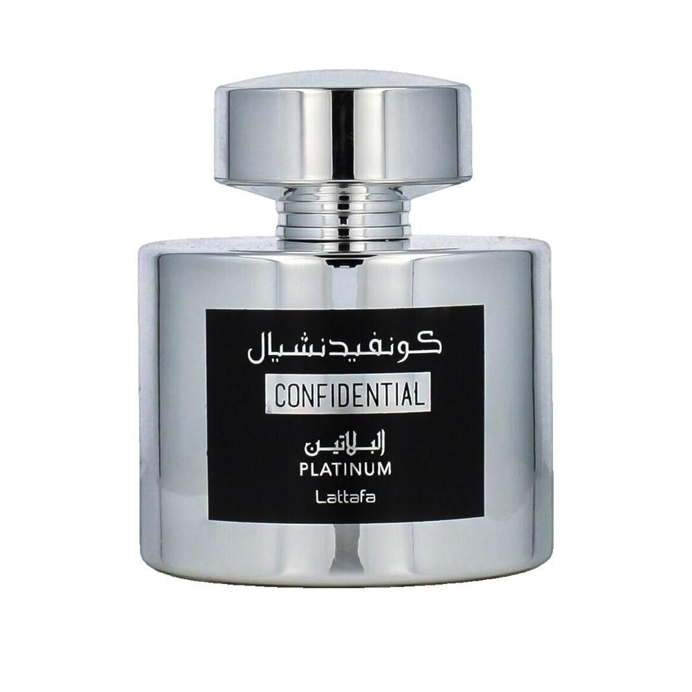 Silberfarbener Flakon mit schwarzem Etikett. Aufschrift: CONFIDENTIAL PLATINUM. Arabische Schriftzeichen. Lattafa.