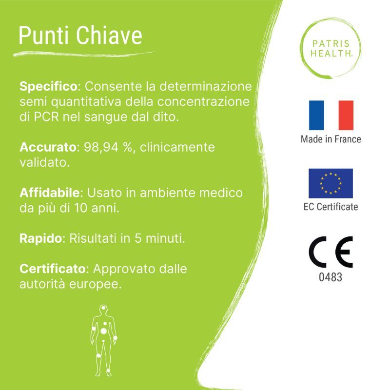 Punti chiave. Testo con informazioni sul prodotto, comprese certificazioni e origine.