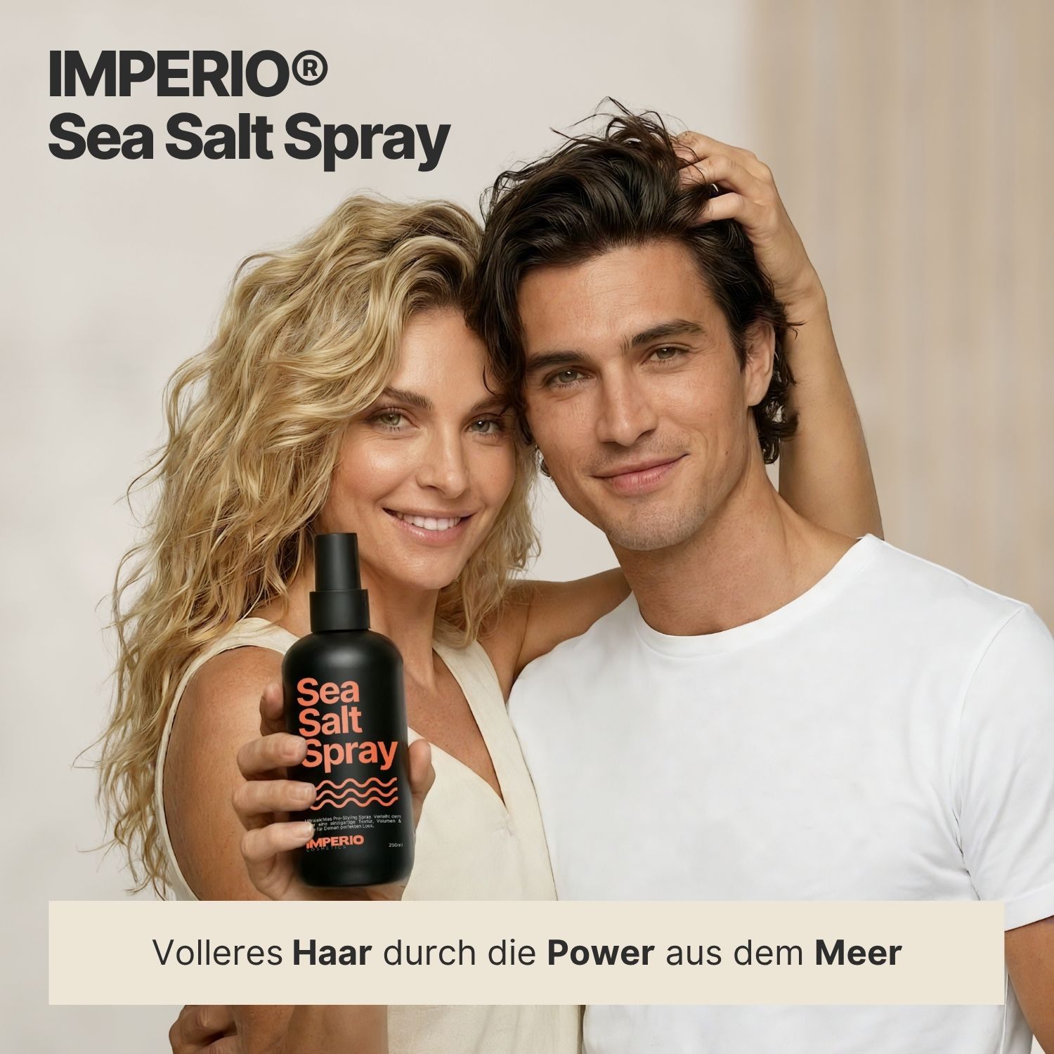 Frau mit IMPERIO Sea Salt Spray, "Maximales Volumen" Text.