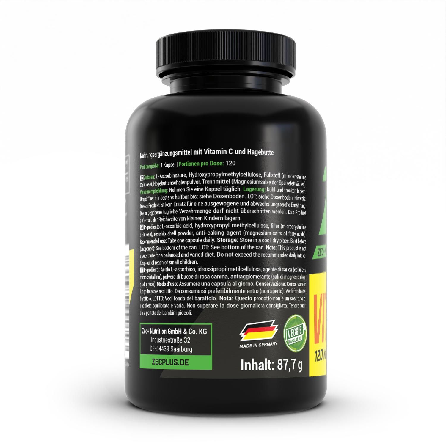 Schwarze Flasche mit gelbem Etikett. Text: Vitamin C+ Hagebutte. Inhaltsangaben, Zutatenliste und Herstellerinformationen.