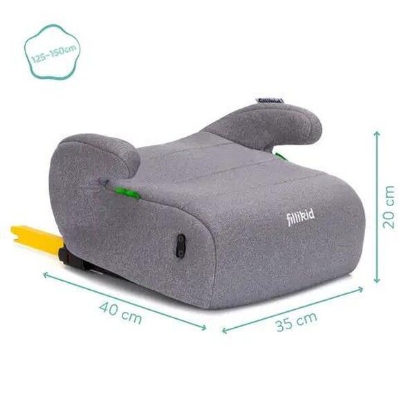 Grauer FILLIKID Ergo fix Kindersitz, 40x35x20 cm, mit Isofix und Größenangabe 125-150 cm.