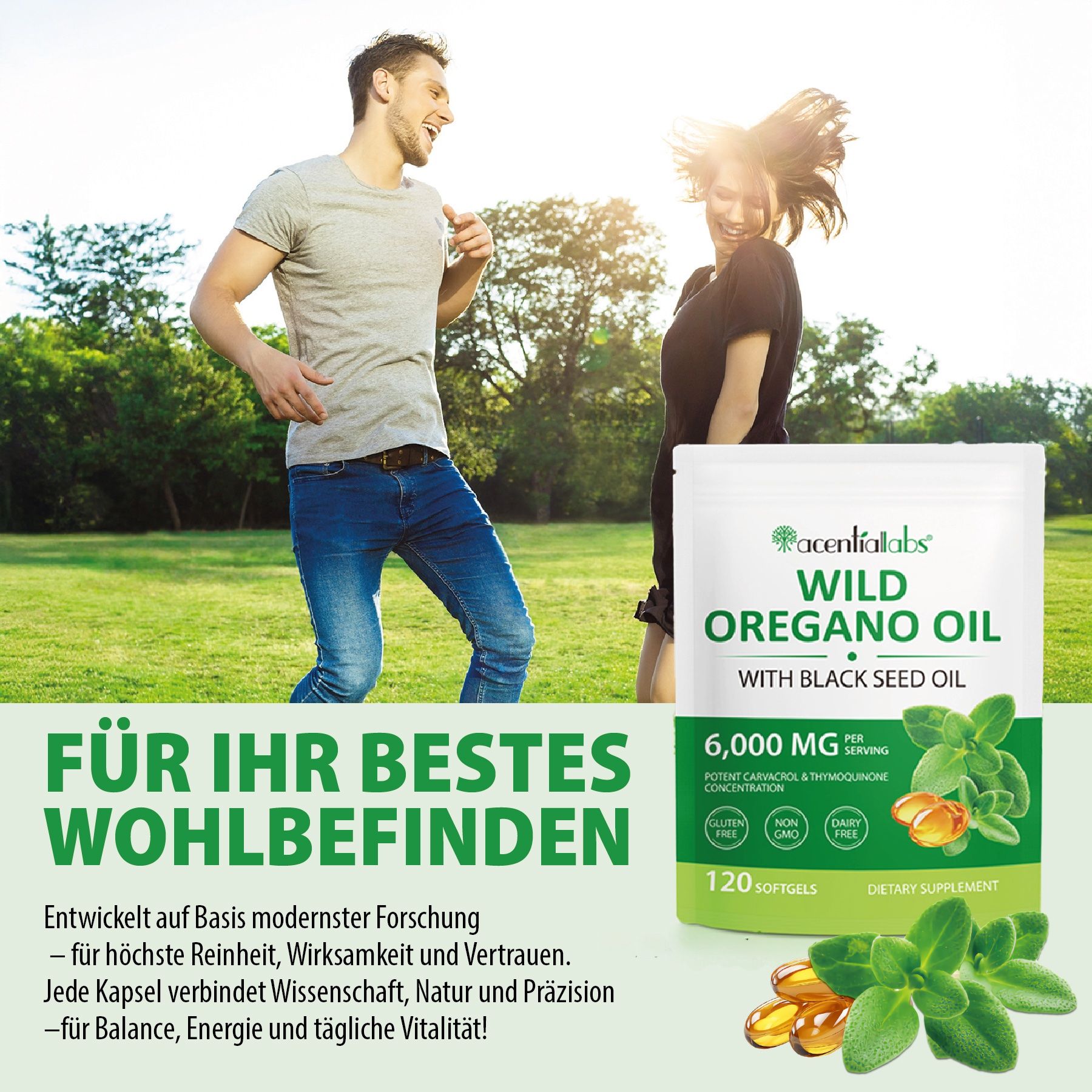 Paar tanzt. Neben ihnen ein Beutel mit Softgels. Text: Aliver, Wild Oregano Oil, 6.000 mg, 120 Softgels. Glutenfrei, Non-GMO, Dairy Free.