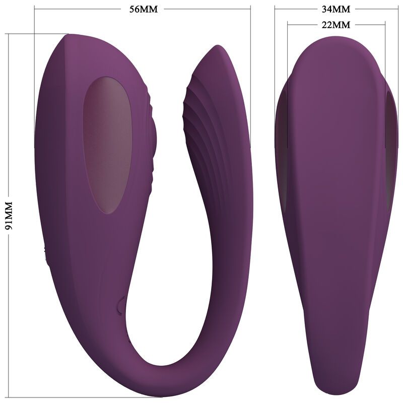 Lila Stimulator. U-förmig mit geriffelter Oberfläche. Maße: 91mm hoch, 56mm breit, 34mm und 22mm dick. Zwei Knöpfe und ovale Aussparung.