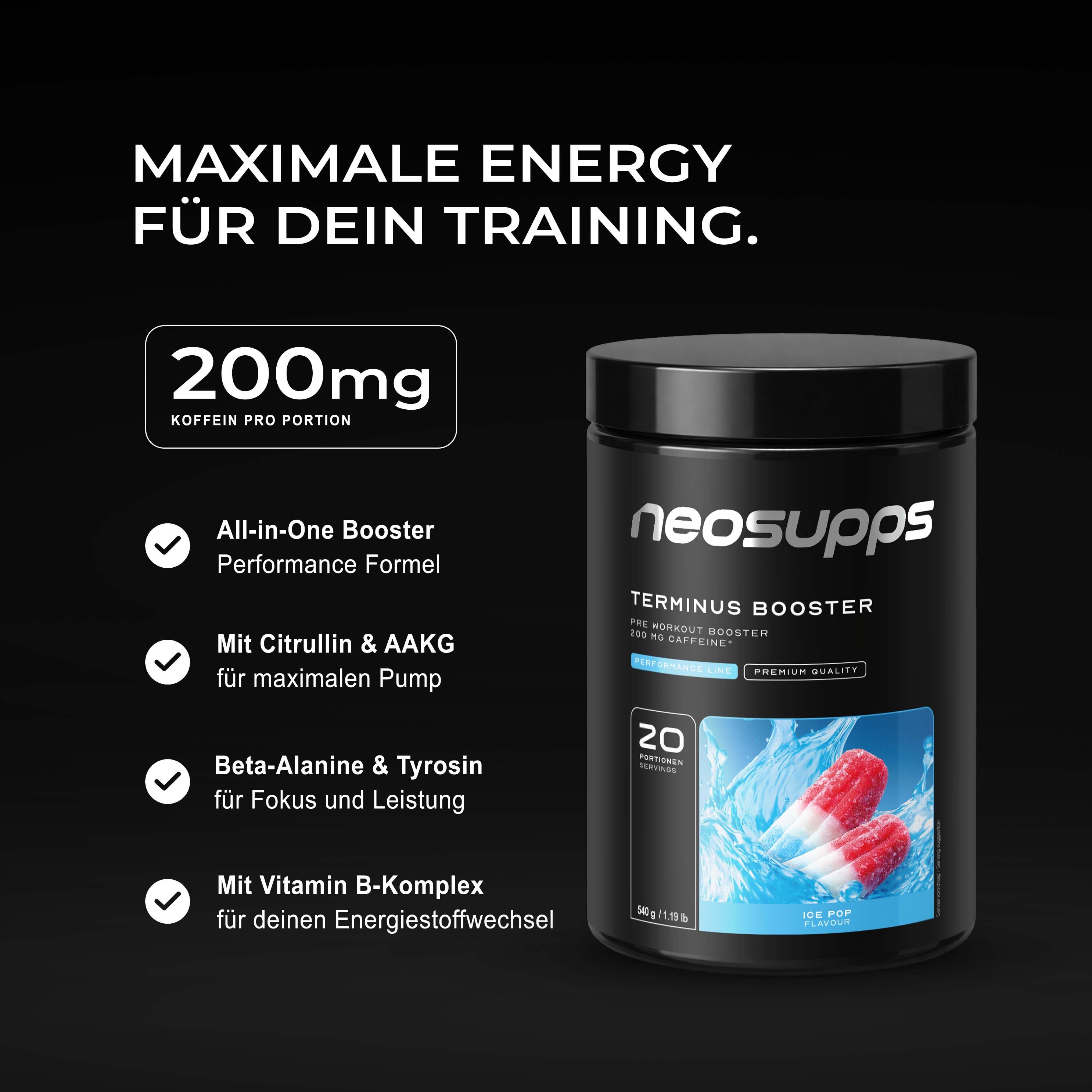 Schwarze Dose mit weißem Text. Enthält 200mg Koffein. Text: All-in-One Booster, Mit Citrullin & AAKG, Beta-Alanin & Tyrosin, Mit Vitamin B-Komplex.