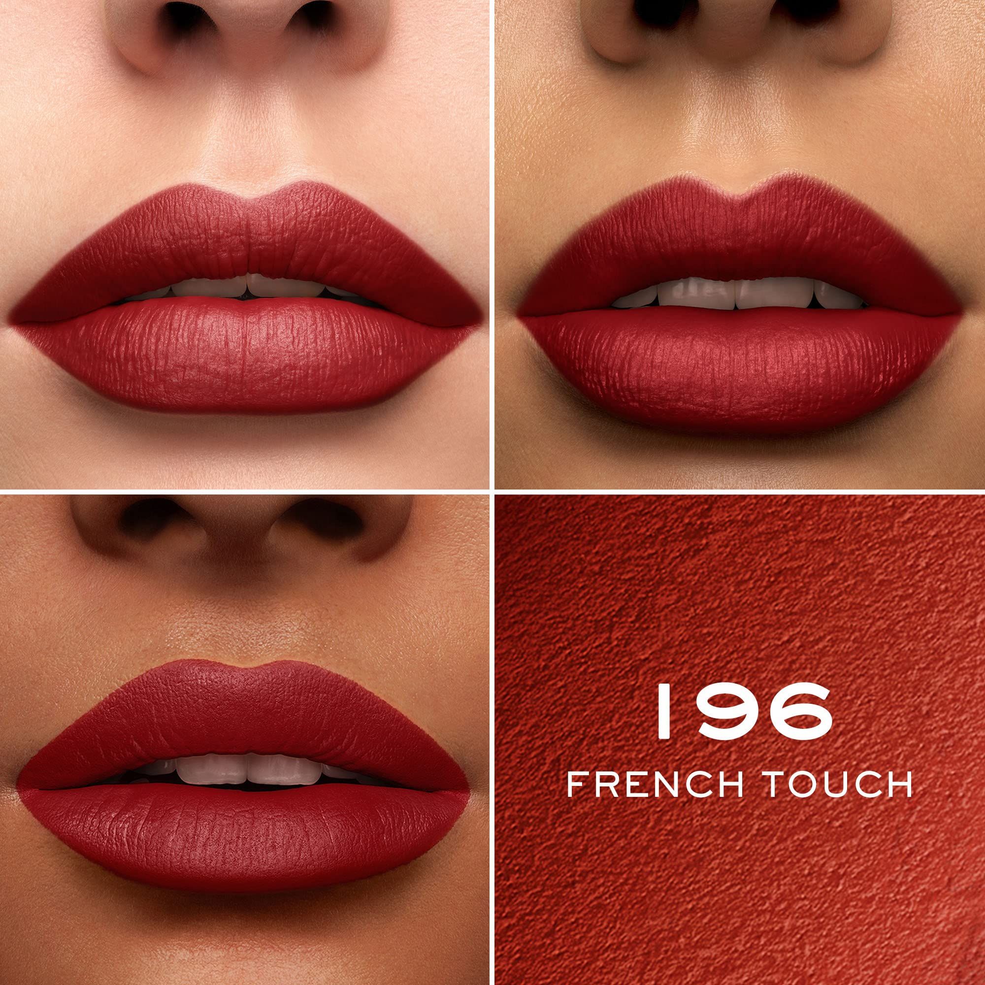 Vier Bilder von Lippen mit rotem Lippenstift. Unten rechts: Text mit der Aufschrift 196 FRENCH TOUCH.