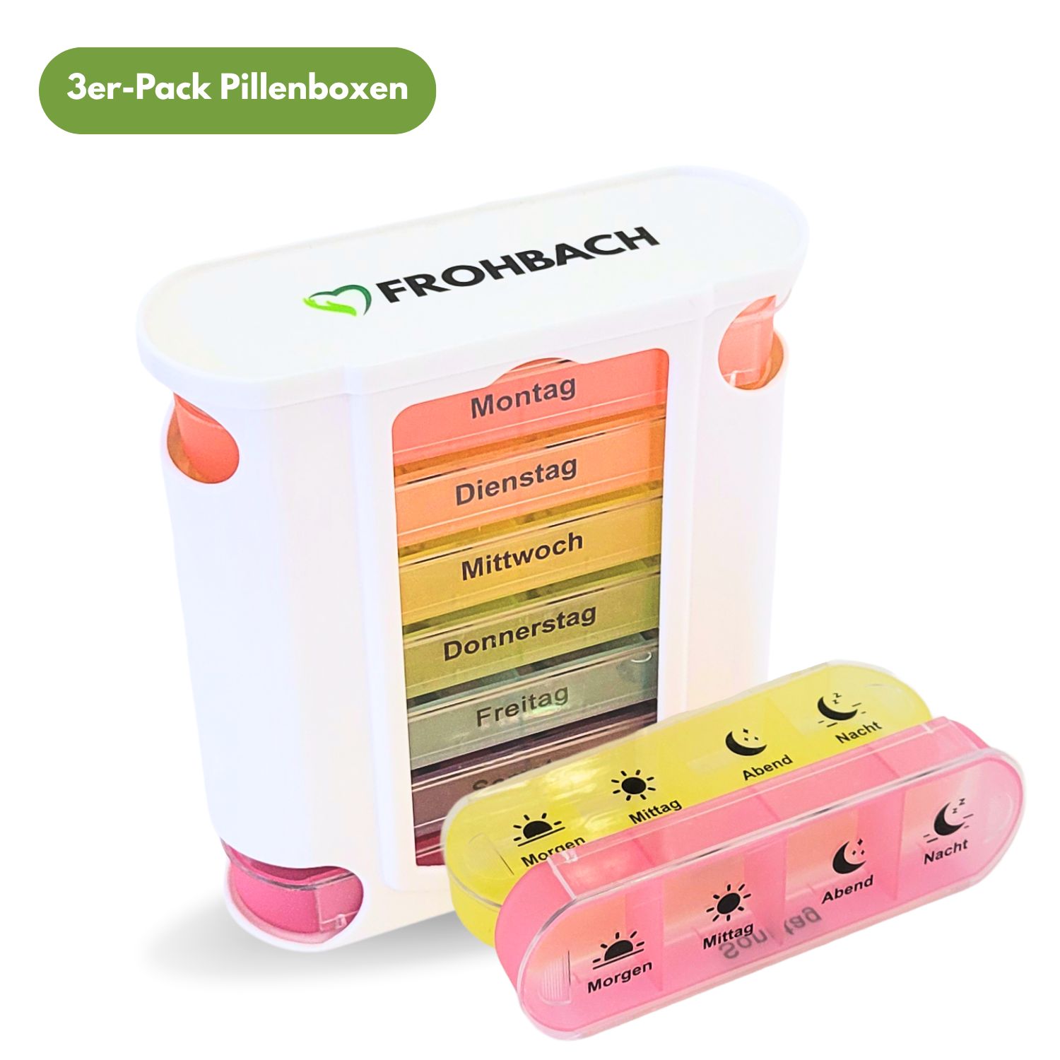 Weiße Frohbach Pillenbox mit 7 Fächern, darunter zwei separate Boxen. Aufschrift: Frohbach. 3er-Pack Pillenboxen.