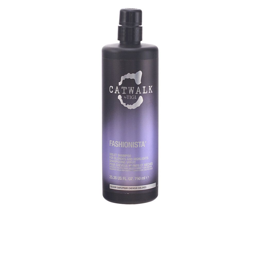 Schwarze Flasche mit Aufschrift CATWALK TIGI FASHIONISTA. Lila Farbverlauf. Text: VIOLET SHAMPOO. Schwarzer Deckel.