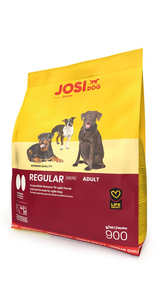 JosiDog Regular Adult Hundefutter, 900g Beutel mit Abbildung von drei Hunden.