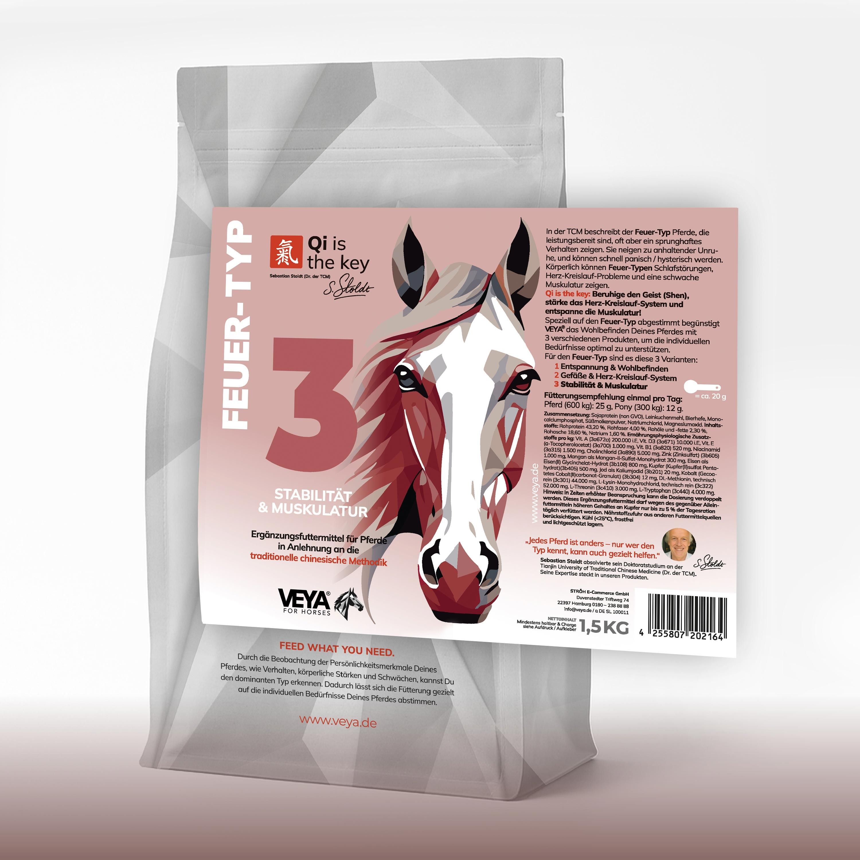 Produktbeutel VEYA FEUER-TYP 3. Aufdruck mit Pferd, Text. Marke VEYA. Beilage mit Produktinformationen. 1,5 kg.