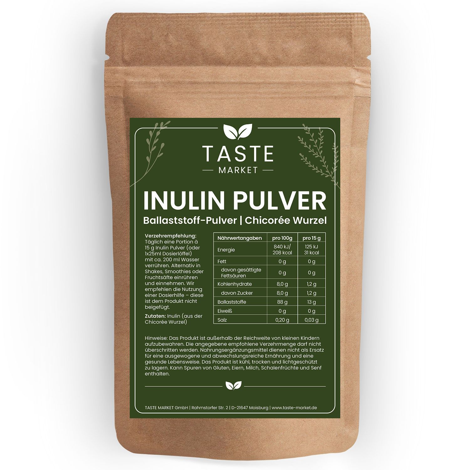 Braune Papiertüte mit Inulin Pulver von Taste Market. Nährwertangaben und Produktinformationen sind aufgedruckt.