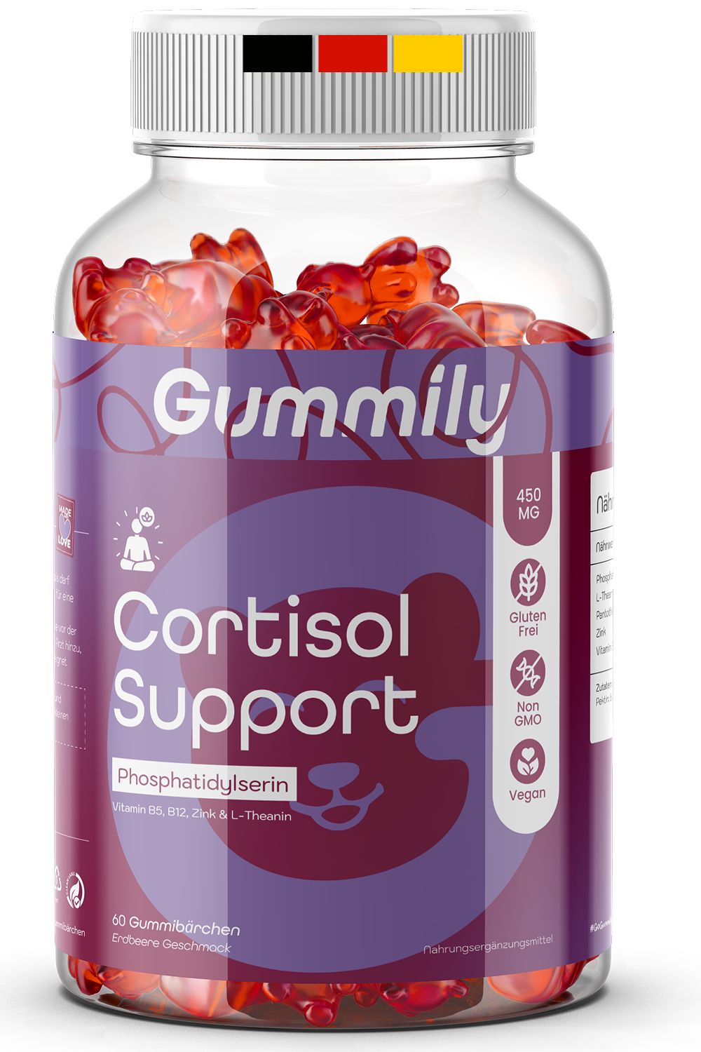 Gummily Cortisol Support Flasche mit 60 Erdbeer-Gummibärchen. Enthält Phosphatidylserin, Vitamin B5, B12 & Zink. Vegan, glutenfrei, Non-GMO.