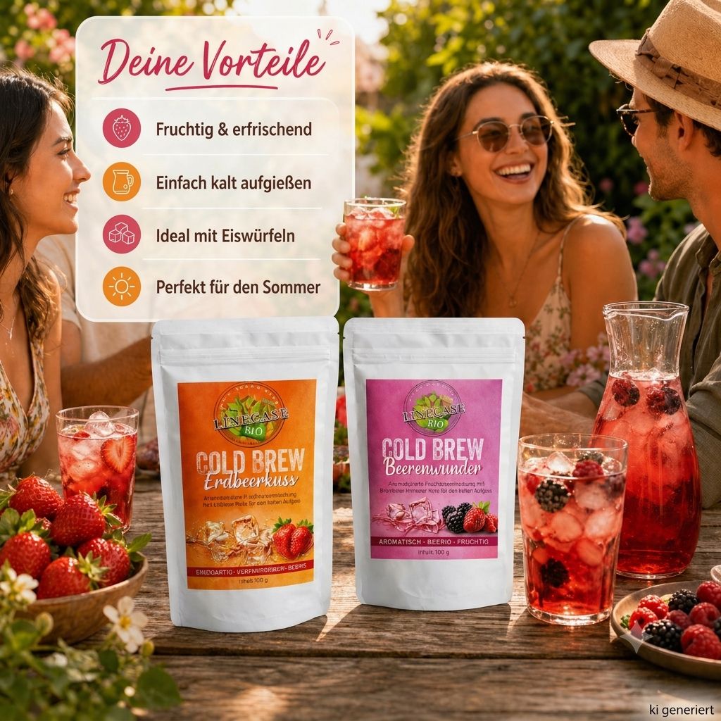 Menschen genießen Sommergetränke mit Linecase Cold Brew Tee (Erdbeere, Beeren).