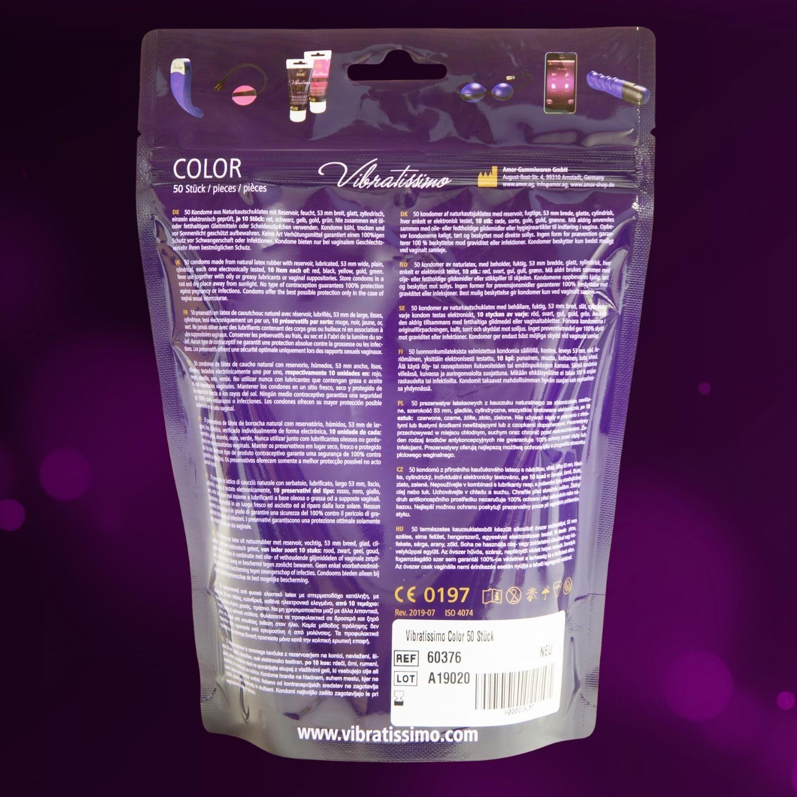Rückseite der Vibratissimo Color Kondom-Verpackung mit Produktinformationen.