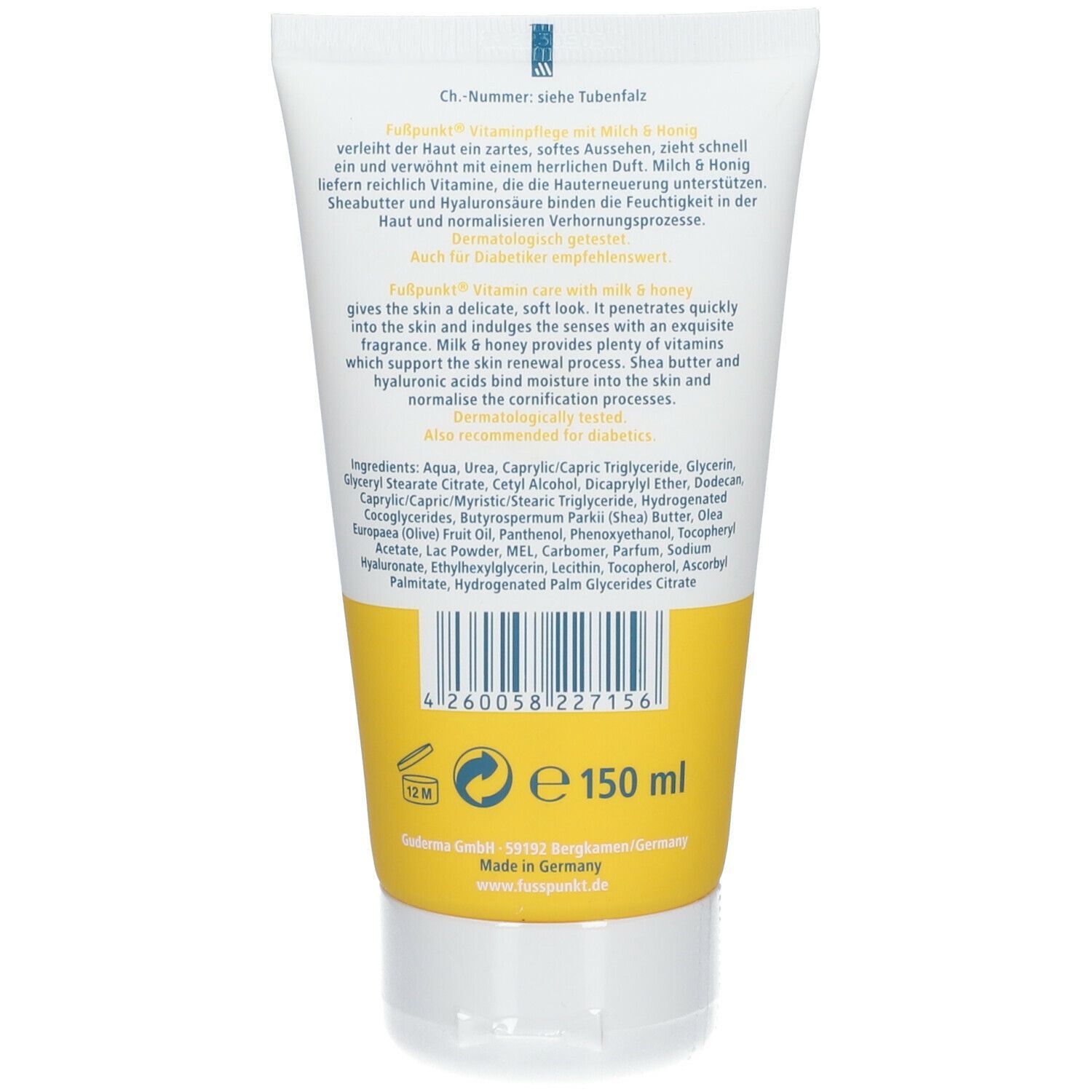 Rückseite der Fußpunkt® MILCH UND HONIG Tube. Text und Barcode. Volumen: 150 ml. Dermatologisch getestet.