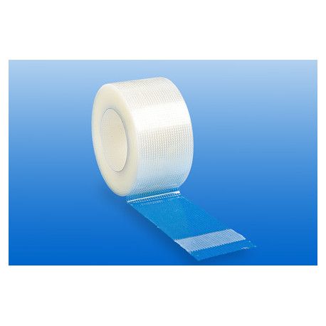 Rolle transparentes Fixierpflaster mit blauem Schutzstreifen. Gewebte Struktur.