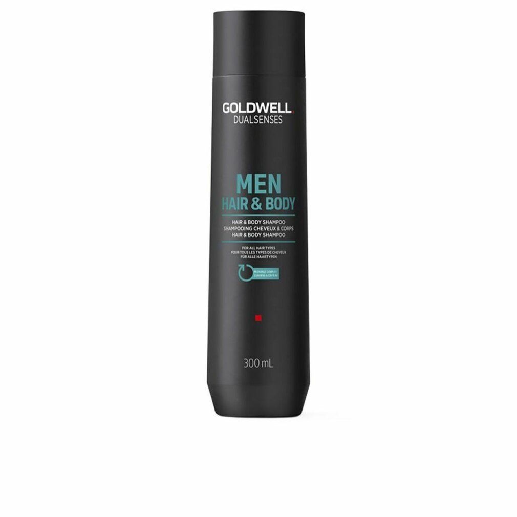 Schwarze Flasche mit Goldwell Dualsenses Men Hair & Body Shampoo-Etikett. Enthält Text: Hair & Body, 300 ml.