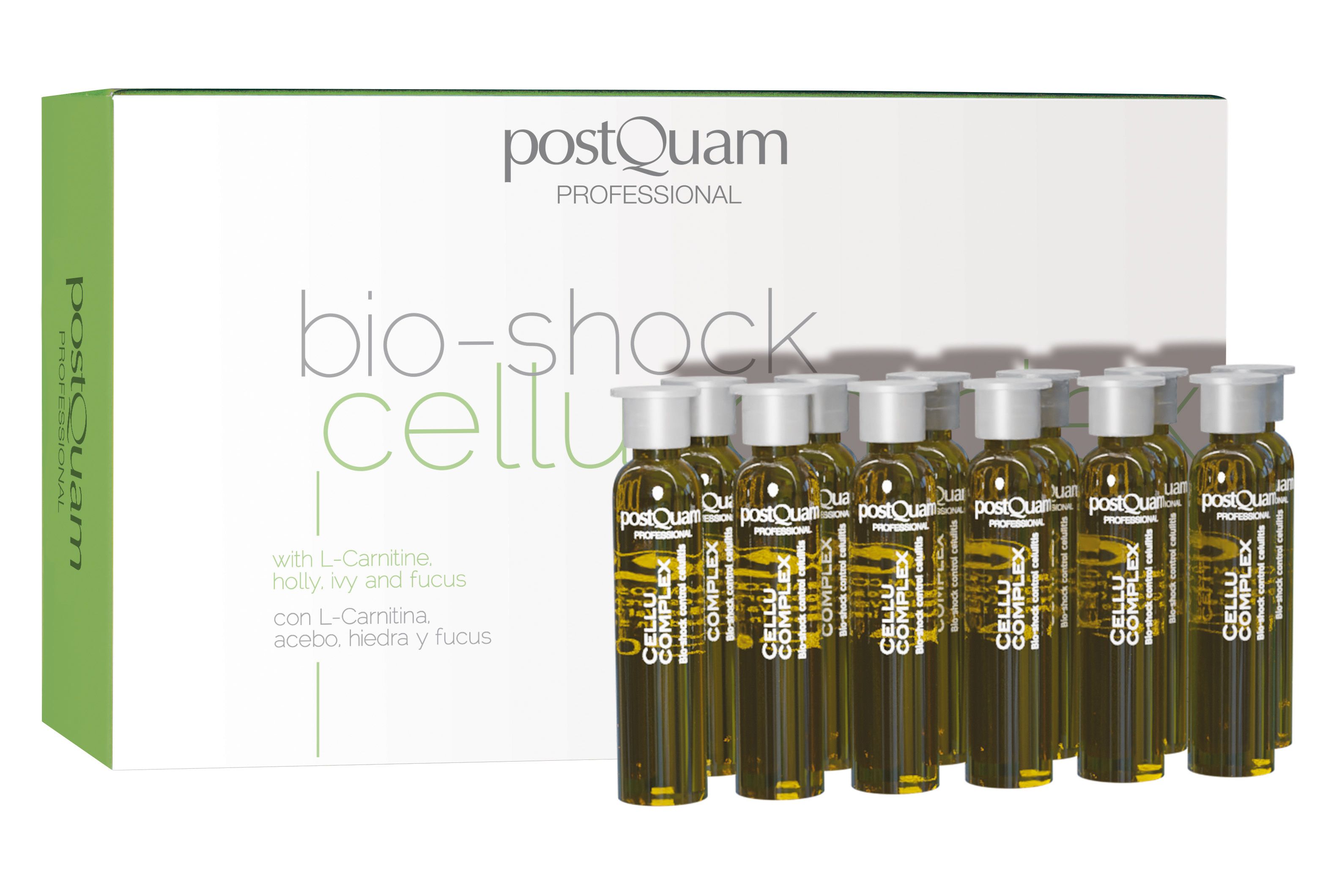 Karton mit Ampullen. Aufschrift: postQuam PROFESSIONAL, bio-shock cellu complex. Mit L-Carnitin, Efeu und Fucus.