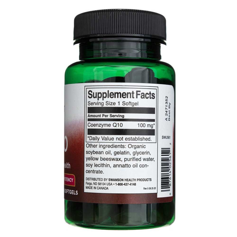Rückseite einer Flasche CoQ10, zeigt Nährwertangaben und Inhaltsstoffe.