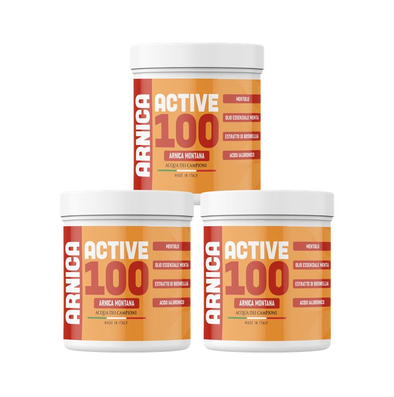 Drei weiße Behälter mit orangefarbenen Etiketten. Auf den Etiketten steht "ARNICA ACTIVE 100".