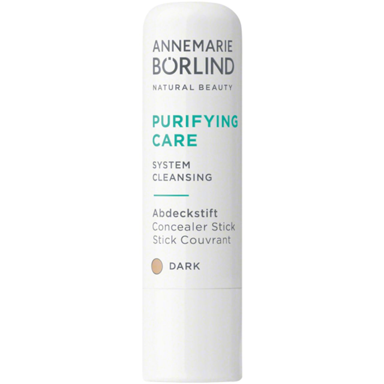 Abdeckstift Dark von ANNEMARIE BÖRLIND. Weißer Stift mit brauner Spitze. Aufschrift: PURIFYING CARE, DARK.