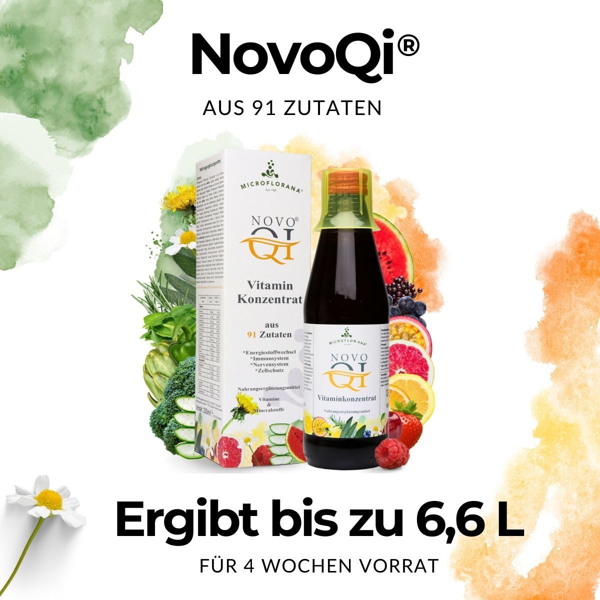 Flasche mit gelbem Verschluss und Karton. Aufschrift: NovoQi Vitamin Konzentrat. Text: Ergibt bis zu 6,6 L für 4 Wochen.
