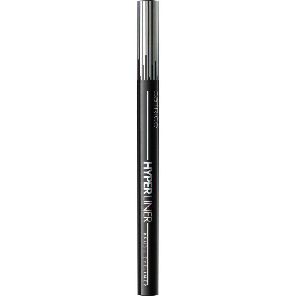 Schwarzer Eyeliner-Pinsel mit silberner Kappe. Der Stift hat einen schwarzen Körper mit silbernen Schriftzügen.