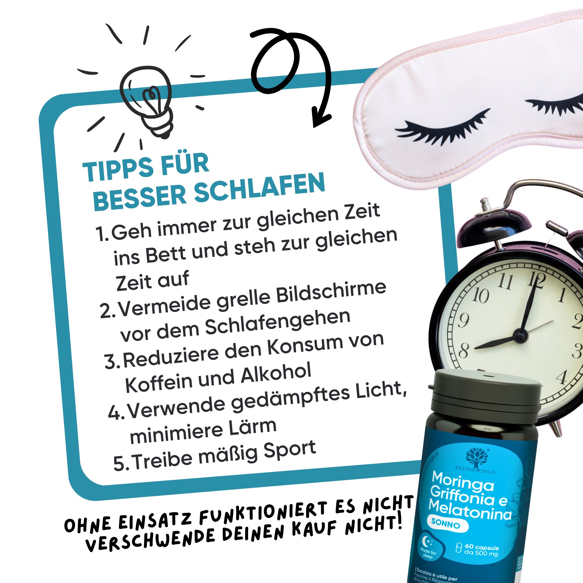 Schlafmaske, Wecker und Flasche mit Kapseln. Tipps für besseren Schlaf.