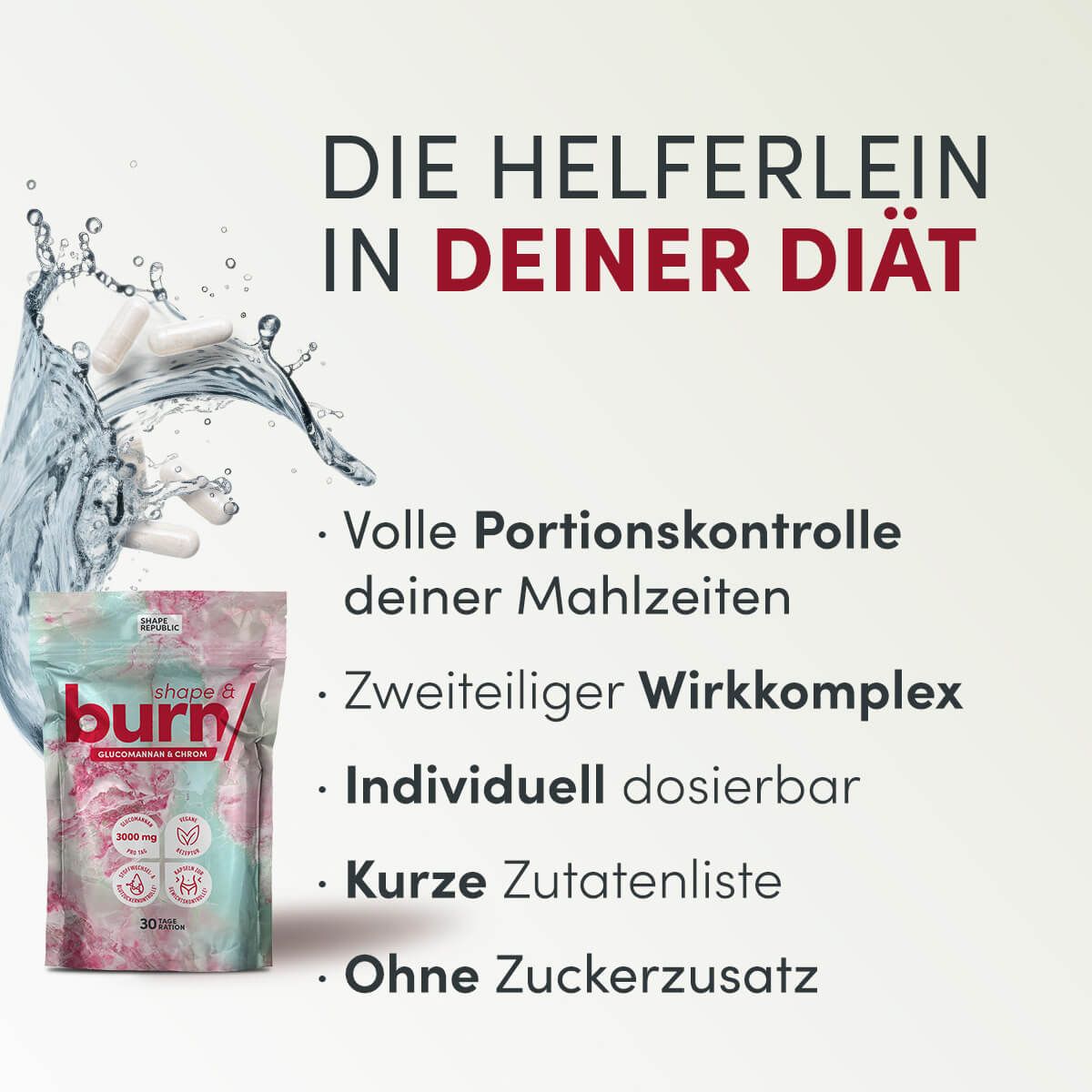 Werbebild mit Kapseln und Wasser. Text: "Die Helferlein in deiner Diät".