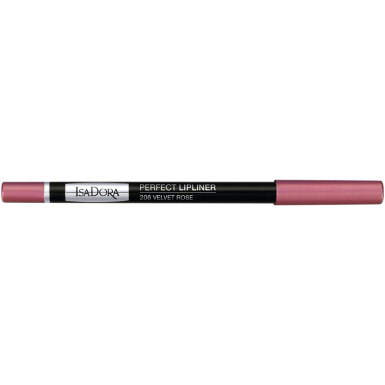 Lippenstift von IsaDora, Perfect Lipliner, Farbe 206 Velvet Rose. Schwarzer Stift mit rosafarbenen Enden.