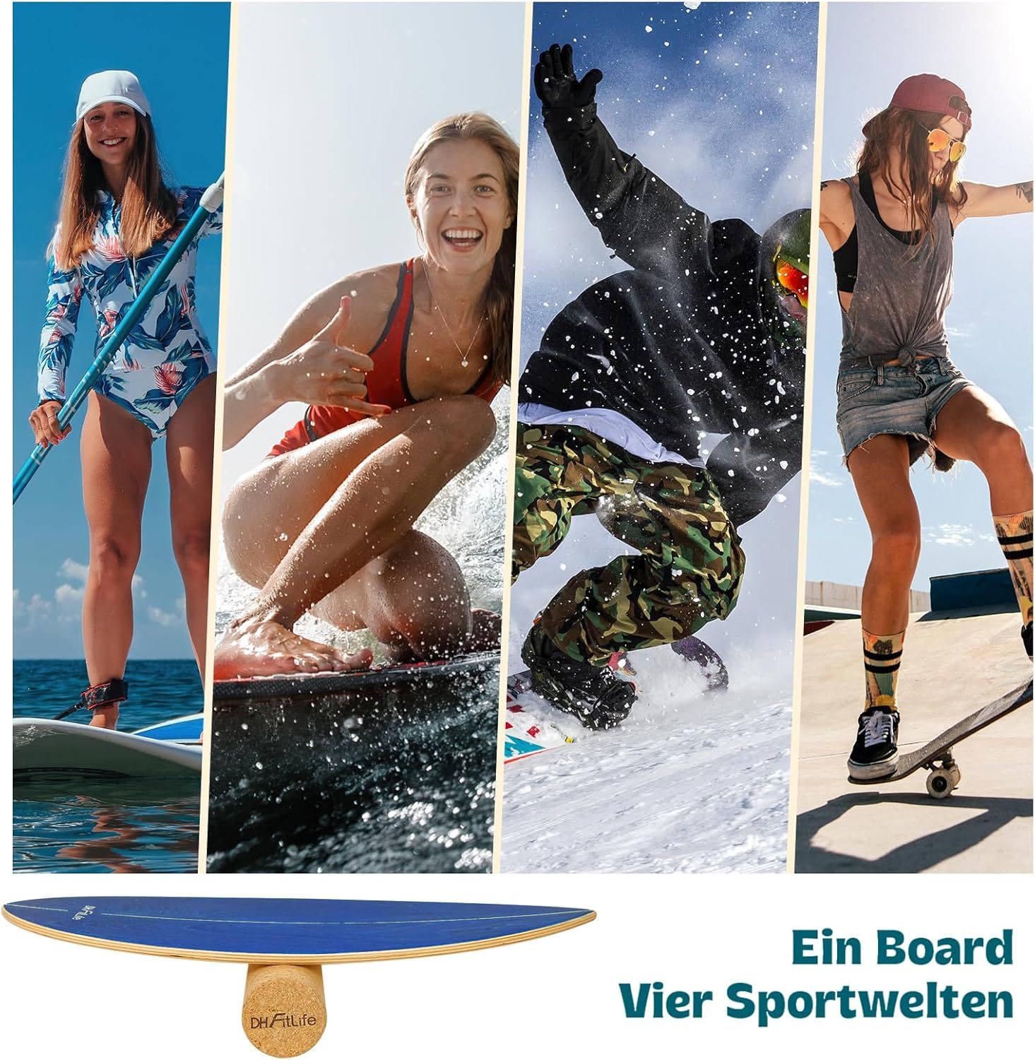 Balanceboard mit Korkrolle in verschiedenen Sportarten. Text: Ein Board, vier Sportwelten. DH FitLife Logo auf der Rolle. Personen beim Surfen, Snowboarden, etc.