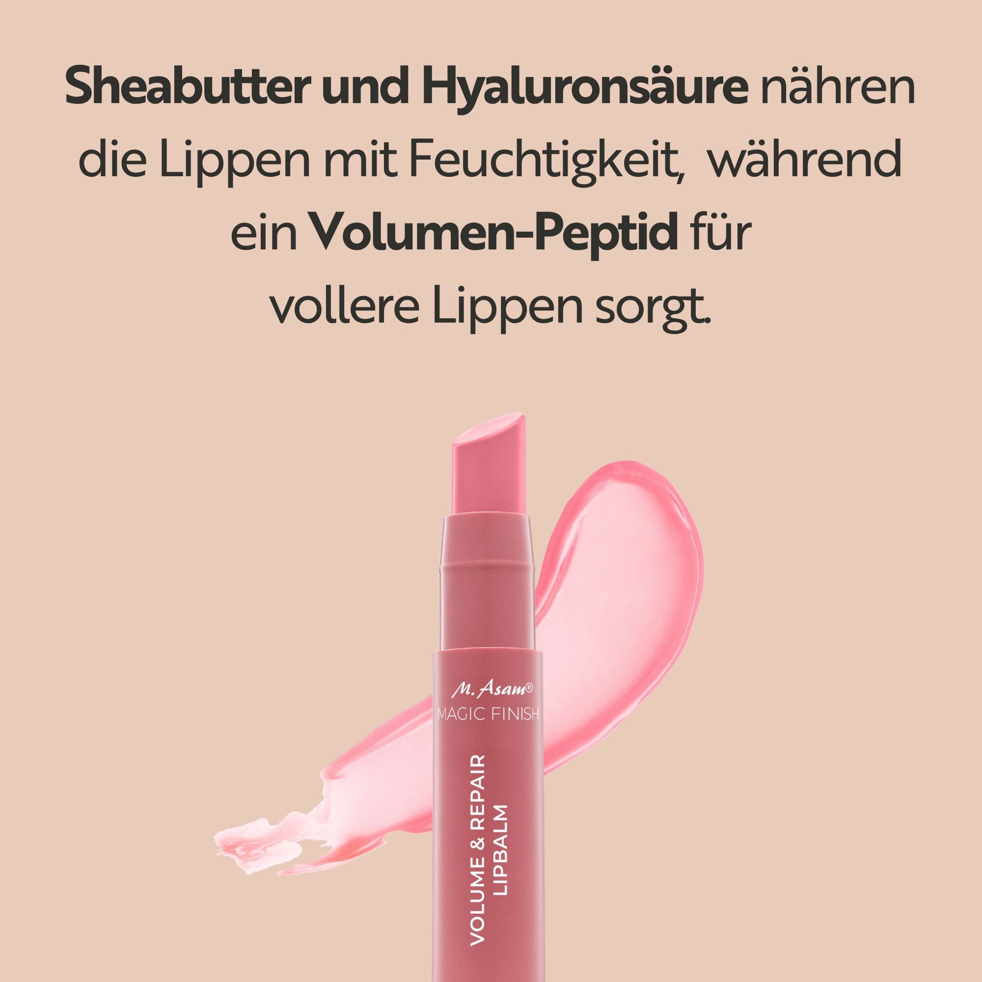 Ein rosafarbener Lippenbalsam-Stift mit dem Aufdruck 'M. Asam MAGIC FINISH VOLUME & REPAIR LIPBALM'. Daneben eine cremige, rosafarbene Textur.