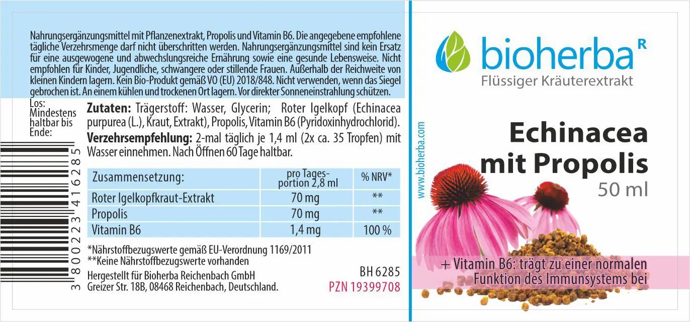 Etikett mit Produktnamen, Echinacea-Blüten-Illustration, Markenlogo und Nährwertangaben. Text in deutscher Sprache.