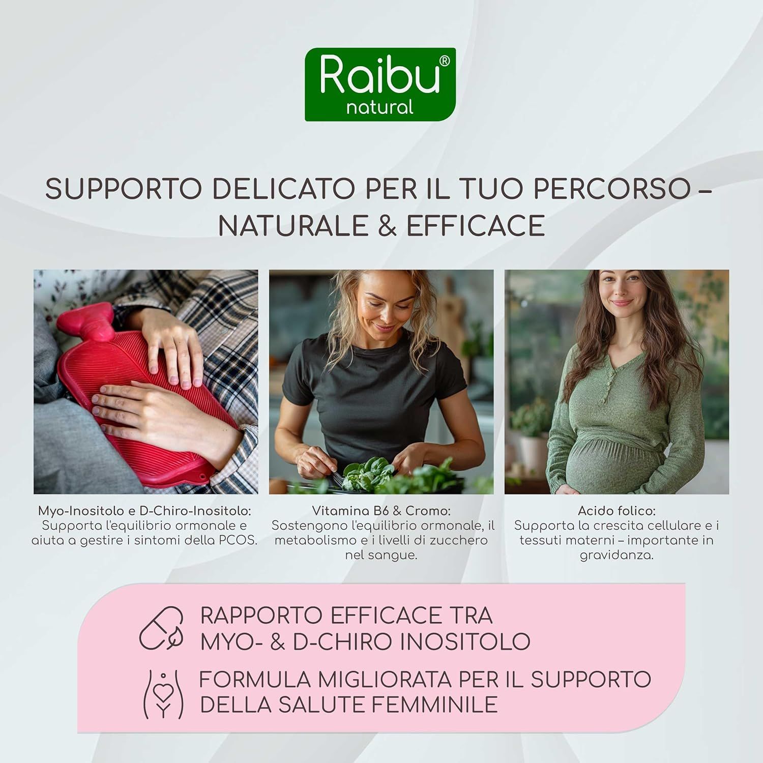 Grafica con tre immagini. Testo: Myo-Inositolo & D-Chiro-Inositolo, Vitamina B6 & Cromo, Acido folico. Salute femminile.