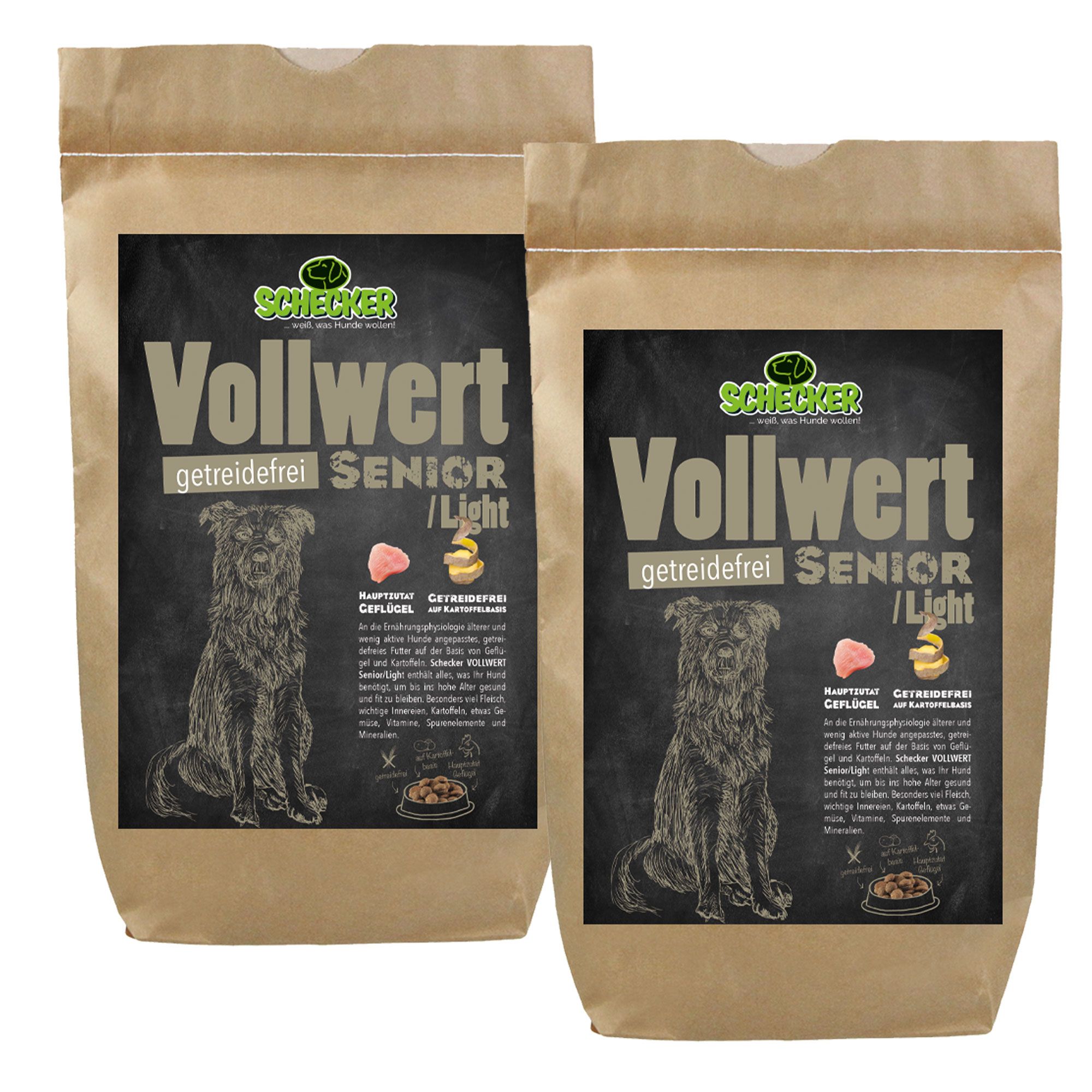 Zwei Beutel Schecker Trockenfutter. Aufschrift: Vollwert getreidefrei Senior/Light. Abbildung eines Hundes. Braune Papierverpackung.