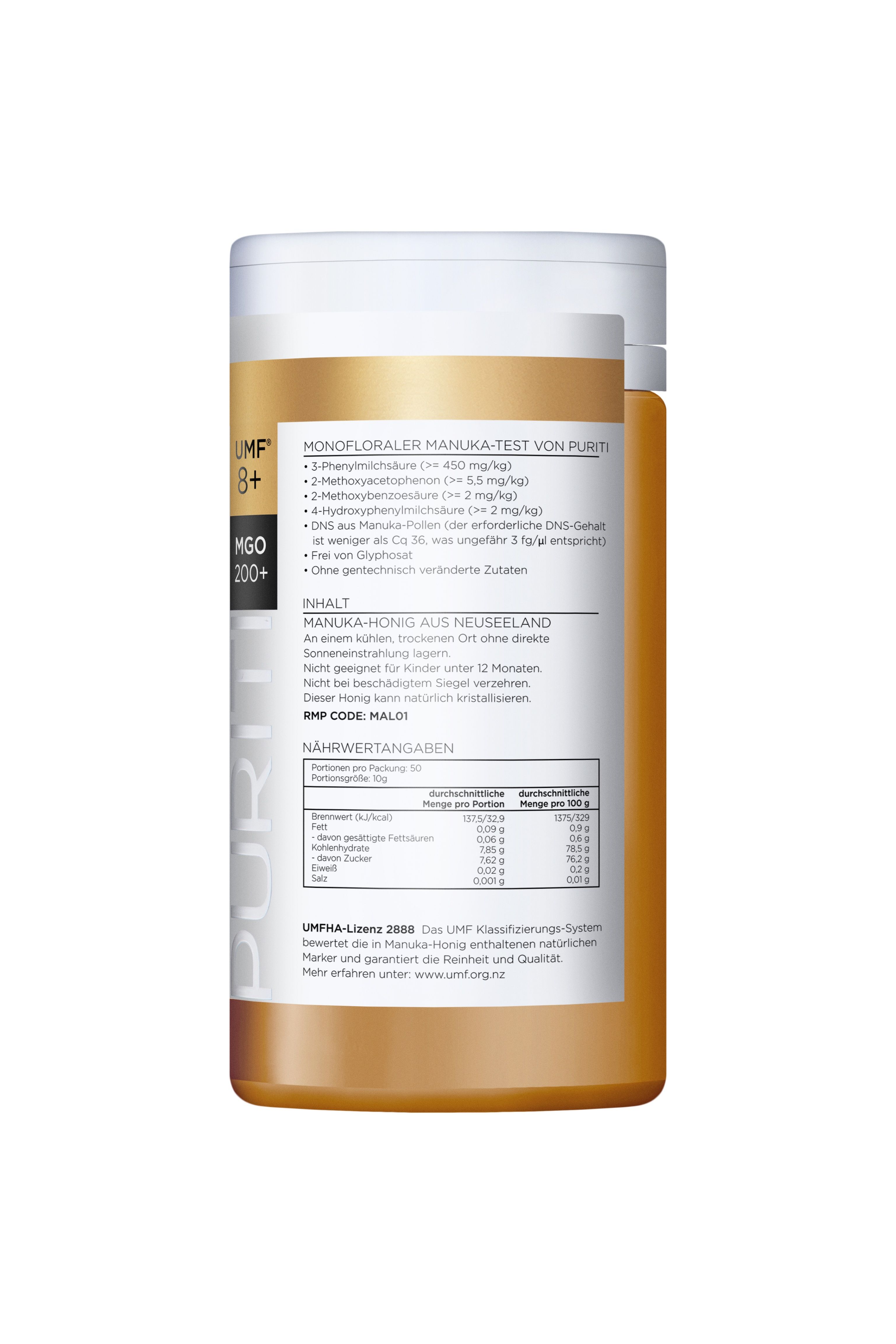 Rückseite der Honigdose. Text: Monofloraler Manuka-Test von PURITI. Nährwertangaben. UMFHA-Lizenz 2688. MGO 200+.