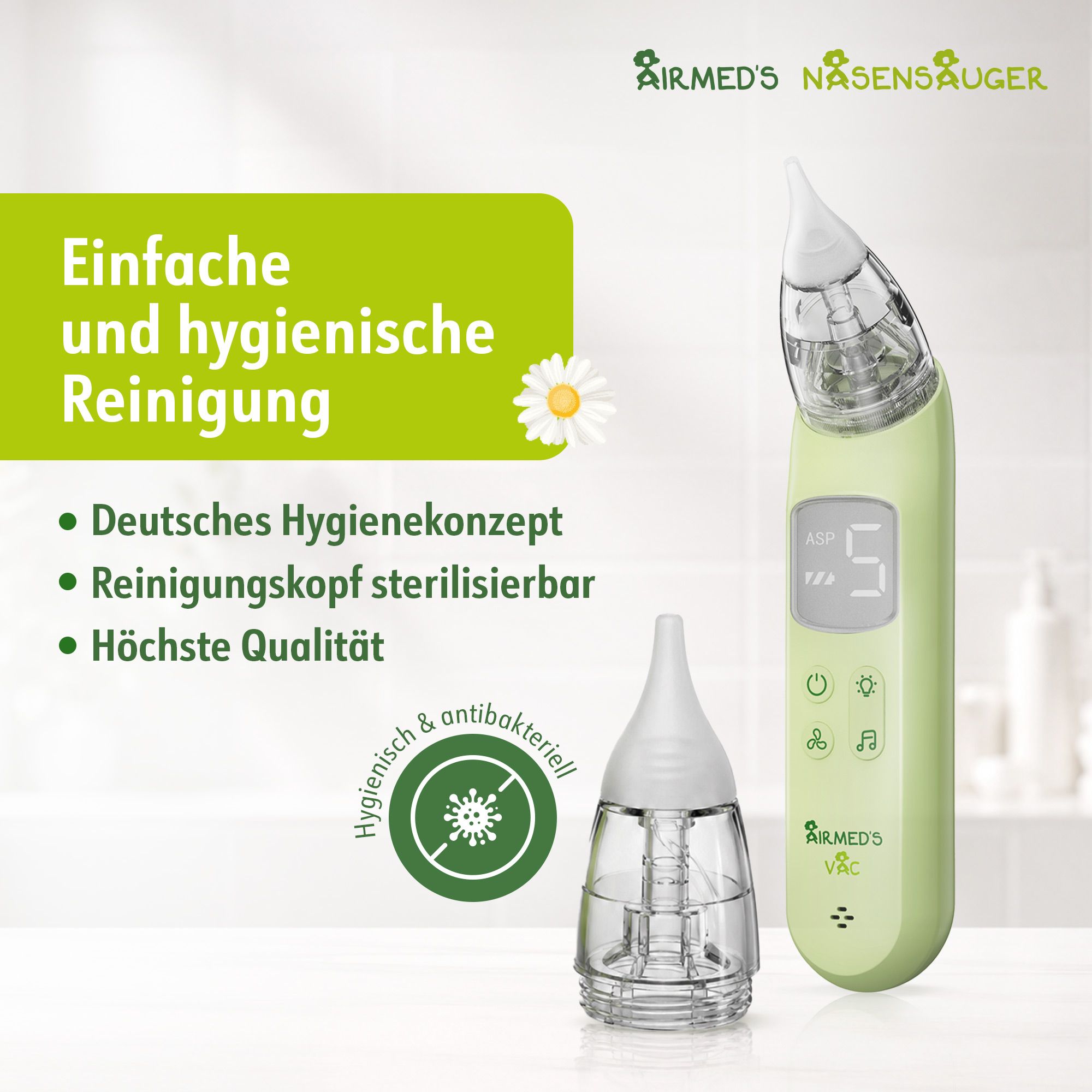 Grüner Nasensauger mit abnehmbarem Reinigungsbehälter. Hygienisch & antibakteriell.