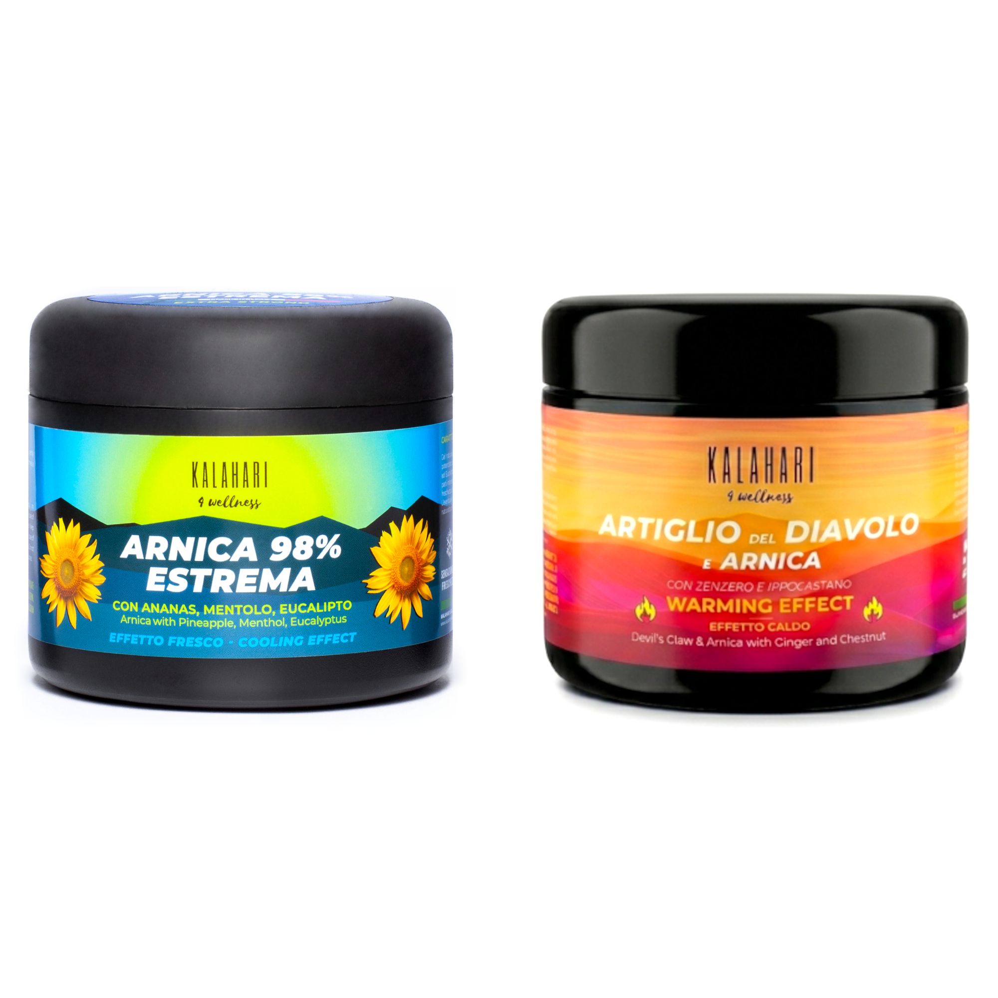 Zwei schwarze Tiegel mit bunten Etiketten: links Arnika 98% Estrema, rechts Teufelskralle + Arnika.