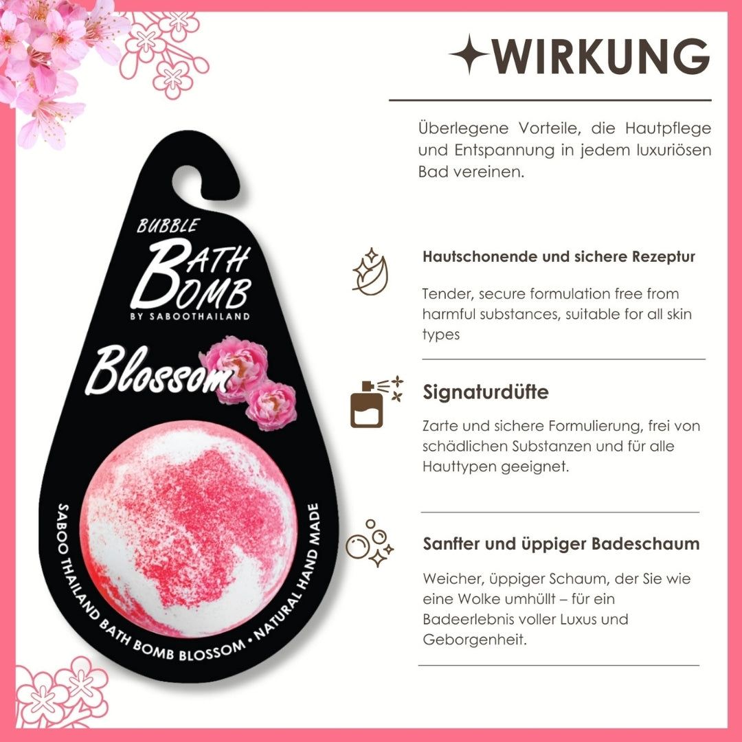 Infografik mit Text und Icons. Beschreibt Vorteile der Schaumbad-Bombe: Hautpflege, Düfte, sanfter Schaum.