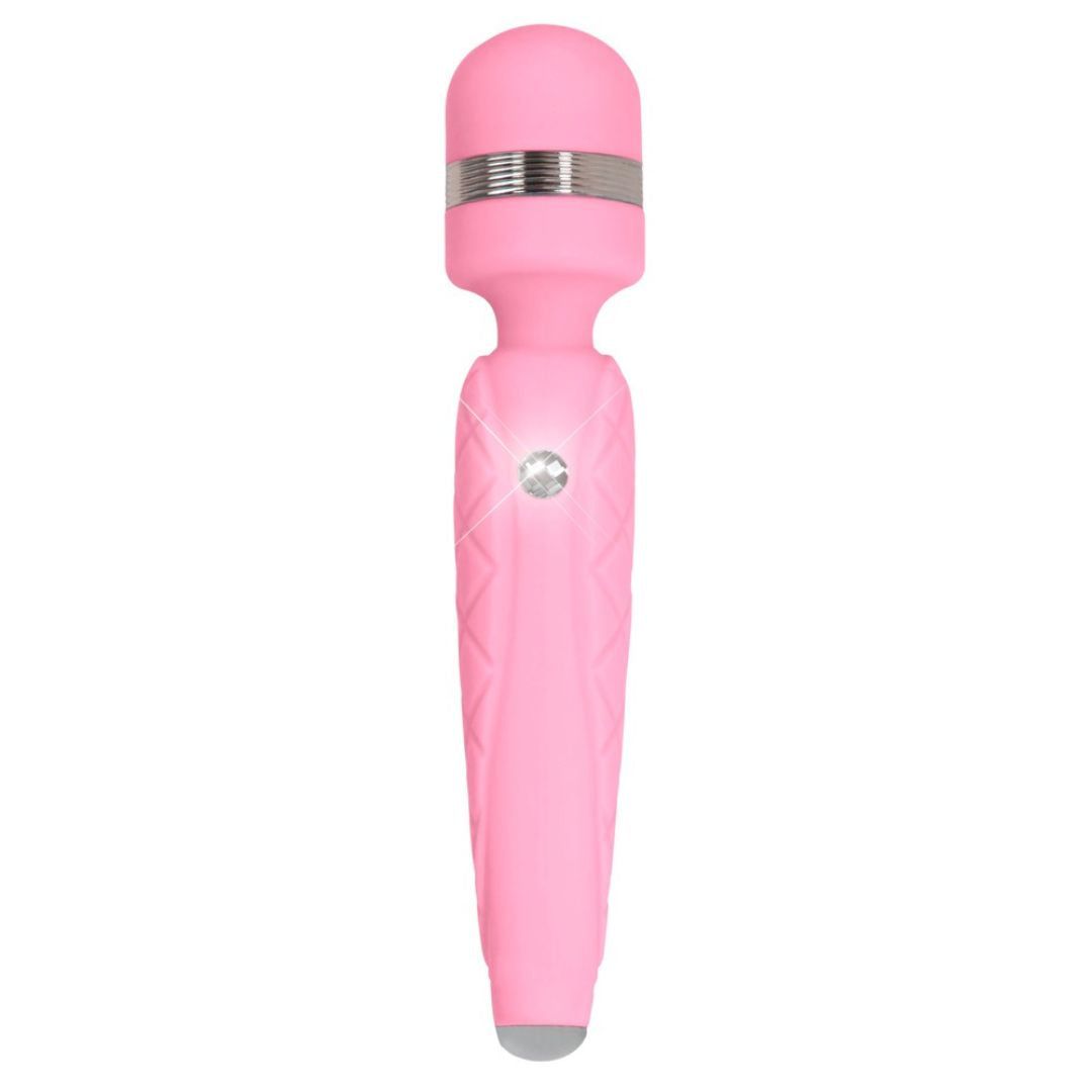 Rosa Vibrator mit silbernen Akzenten und Diamant. Geformt für gezielte Anwendung.