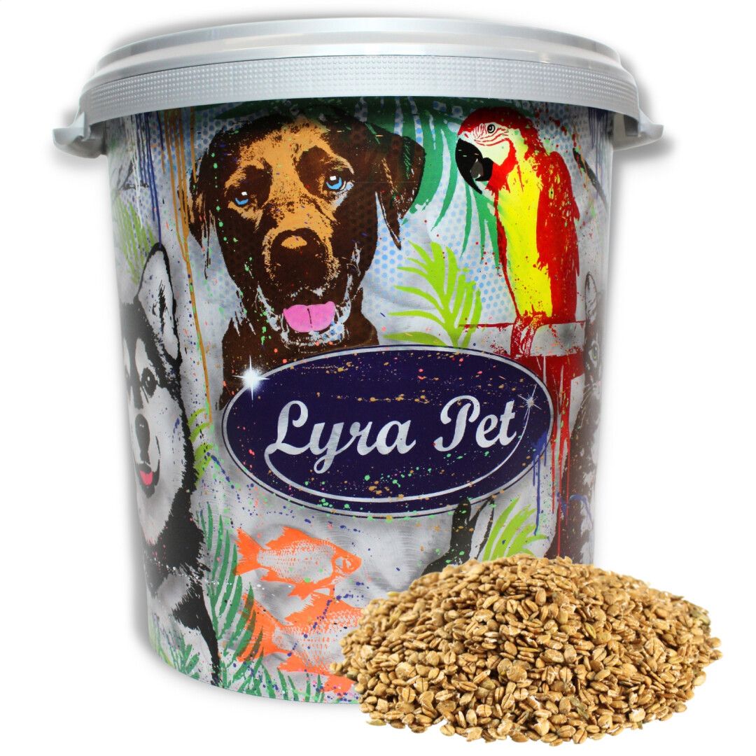 Eimer mit Weizenflocken. Aufdruck: Hunde, Papagei, Fische. Logo: Lyra Pet.