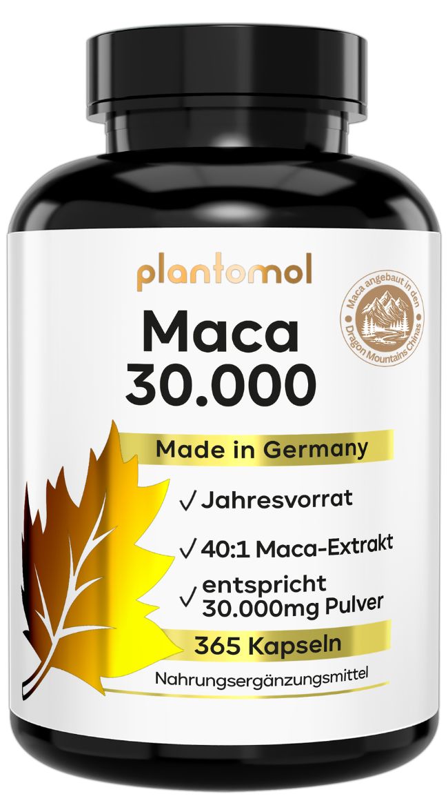 Schwarzer Behälter mit Plantomol Maca 30.000 Aufschrift, Made in Germany, 365 Kapseln.