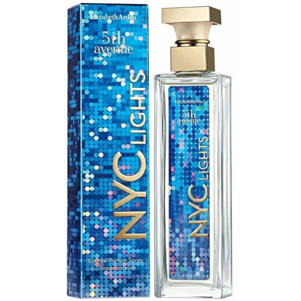 Parfümflasche und Verpackung. Rechteckige Flasche mit goldfarbenem Verschluss. Blaue Verpackung mit weißen und blauen Punkten und Schriftzug.