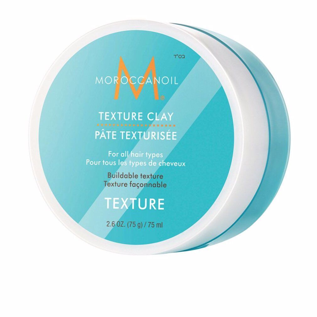 Runde Dose Moroccanoil Texture Clay. Türkis-weißes Etikett mit Produktnamen und Text. 75 ml.